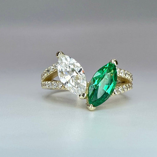Toi et Moi Ring, Two Stone Engagement Ring Birthstone Ring Emerald Marquis and Moissanite Unique Engagement Ring Anniversary Ring  Love Ring