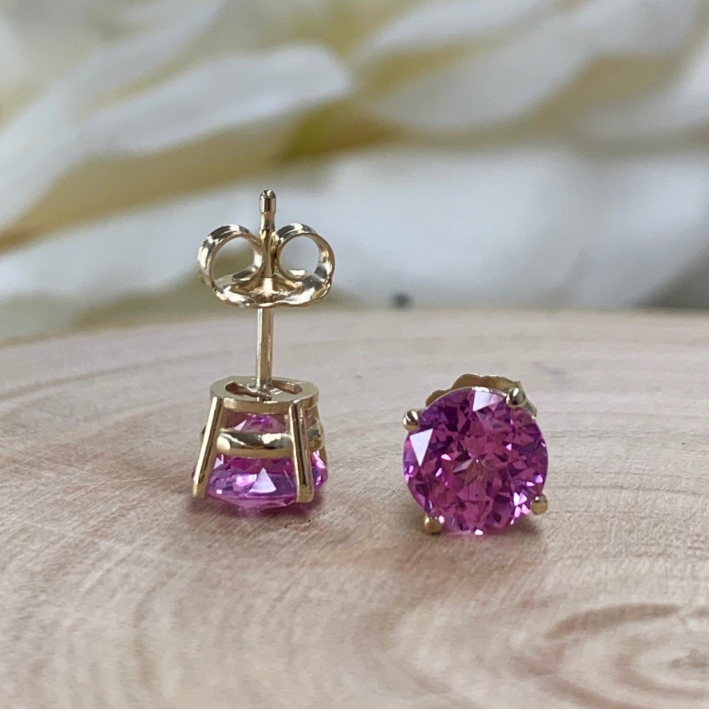 Round Pink Sapphire Stud Earring 14K Yellow Gold Ladies Pink Sapphire Stud Earrings 2 Carat Sapphire Earrings Pink Earrings Yellow Gold 7313