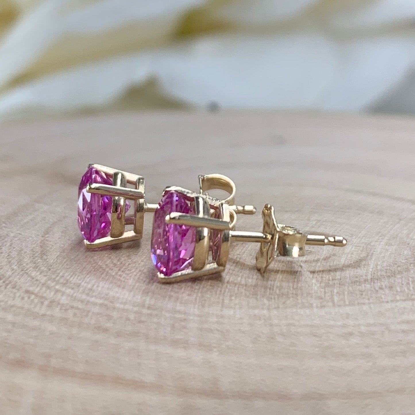 Round Pink Sapphire Stud Earring 14K Yellow Gold Ladies Pink Sapphire Stud Earrings 2 Carat Sapphire Earrings Pink Earrings Yellow Gold 7313