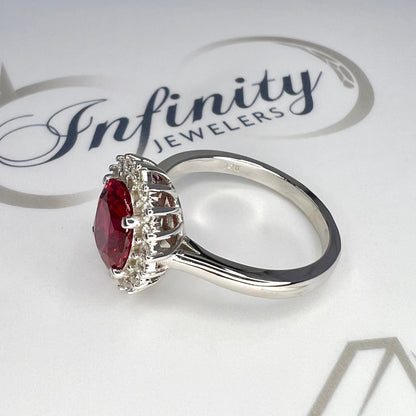 Oval Cut Engagement Ring / Red Ruby Ring / Diamond Halo Ring / Moissanite Halo Ring / 14k Yellow Gold / #6344
