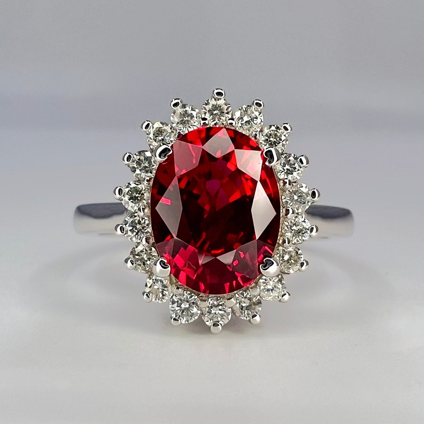 Oval Cut Engagement Ring / Red Ruby Ring / Diamond Halo Ring / Moissanite Halo Ring / 14k Yellow Gold / #6344