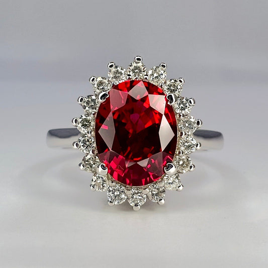 Oval Cut Engagement Ring / Red Ruby Ring / Diamond Halo Ring / Moissanite Halo Ring / 14k Yellow Gold / #6344