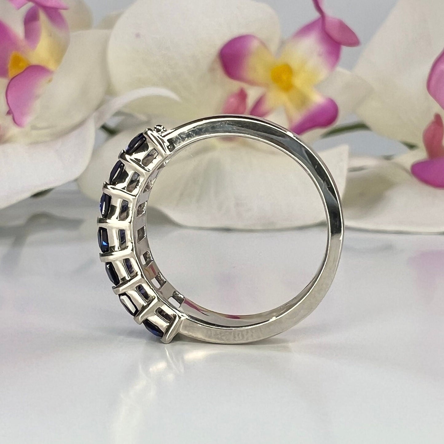 Blue sapphire ring, Seven stone blue sapphire wedding band, deep blue sapphire ring, emerald cut sapphire, September birthstone ring