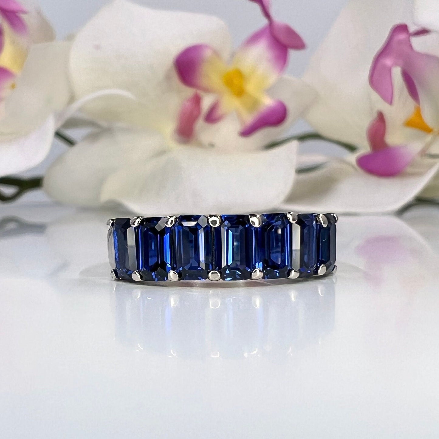 Blue sapphire ring, Seven stone blue sapphire wedding band, deep blue sapphire ring, emerald cut sapphire, September birthstone ring