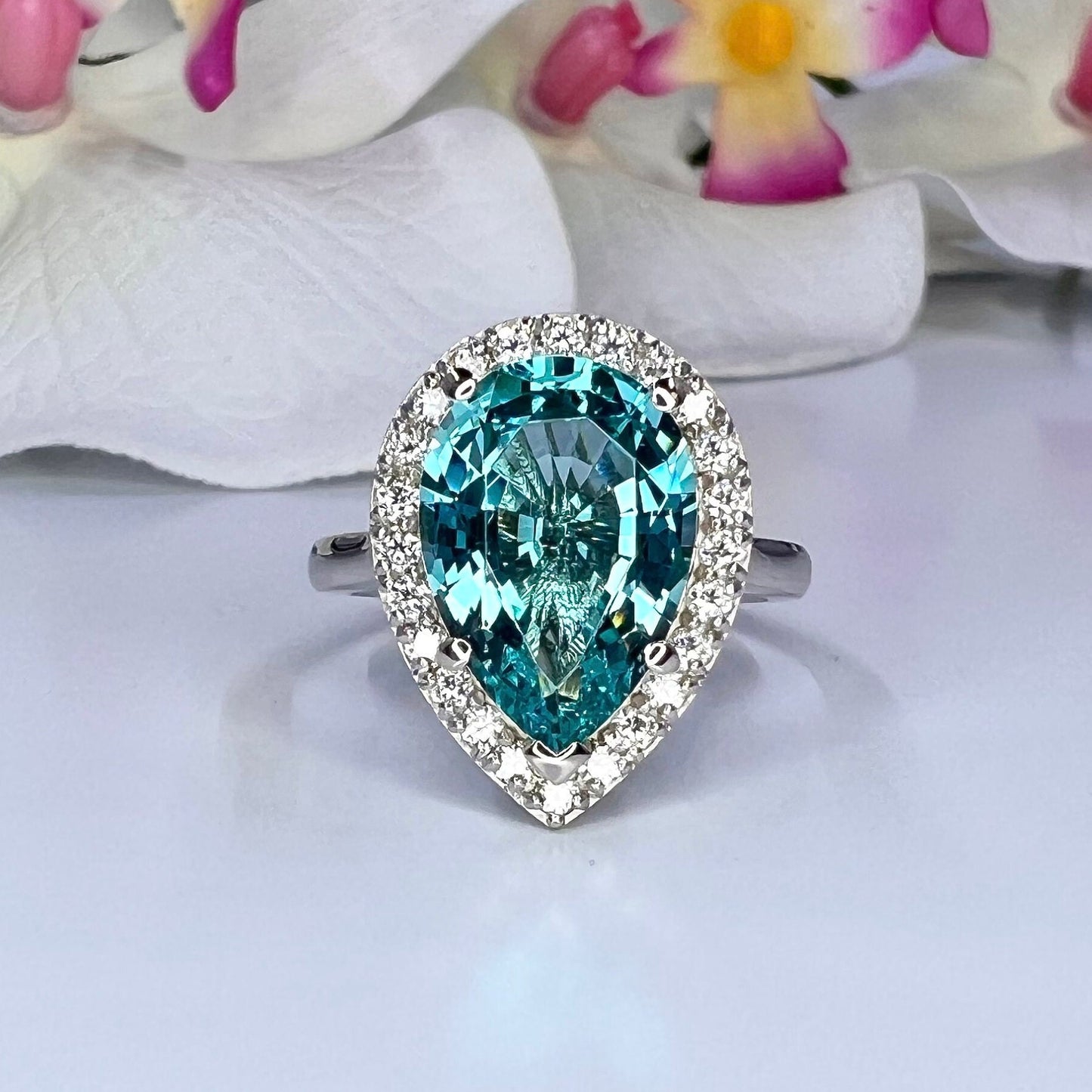 Paraiba Tourmaline Engagement Ring 14K White Gold, Pear Shaped Halo Wedding Ring, Pear Shaped Blue Tourmaline Moissanite Halo Ring, #7971