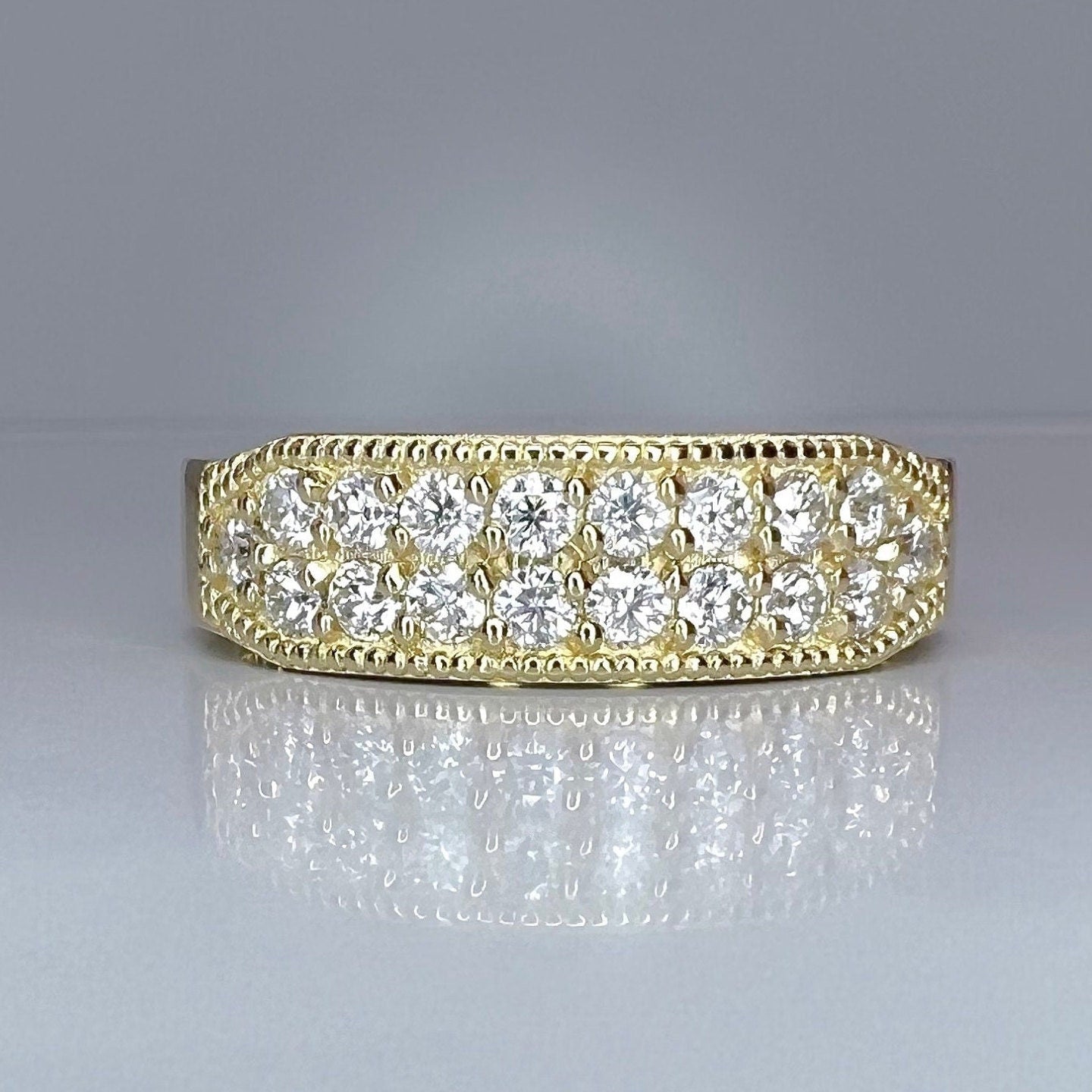 Mens wedding band 14k solid gold, two row mens moissanite wedding band, mens engagement band, mens diamond ring thick half eternity #7927