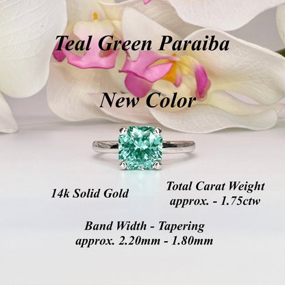 Radiant cut teal paraiba tourmaline engagement ring 14k solid gold, green tourmaline wedding ring, Solitaire paraiba proposal rings, #7939