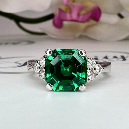 Green emerald ring in 14K solid gold, asscher cut emerald engagement ring, emerald wedding ring, antique green emerald statement ring, #7940