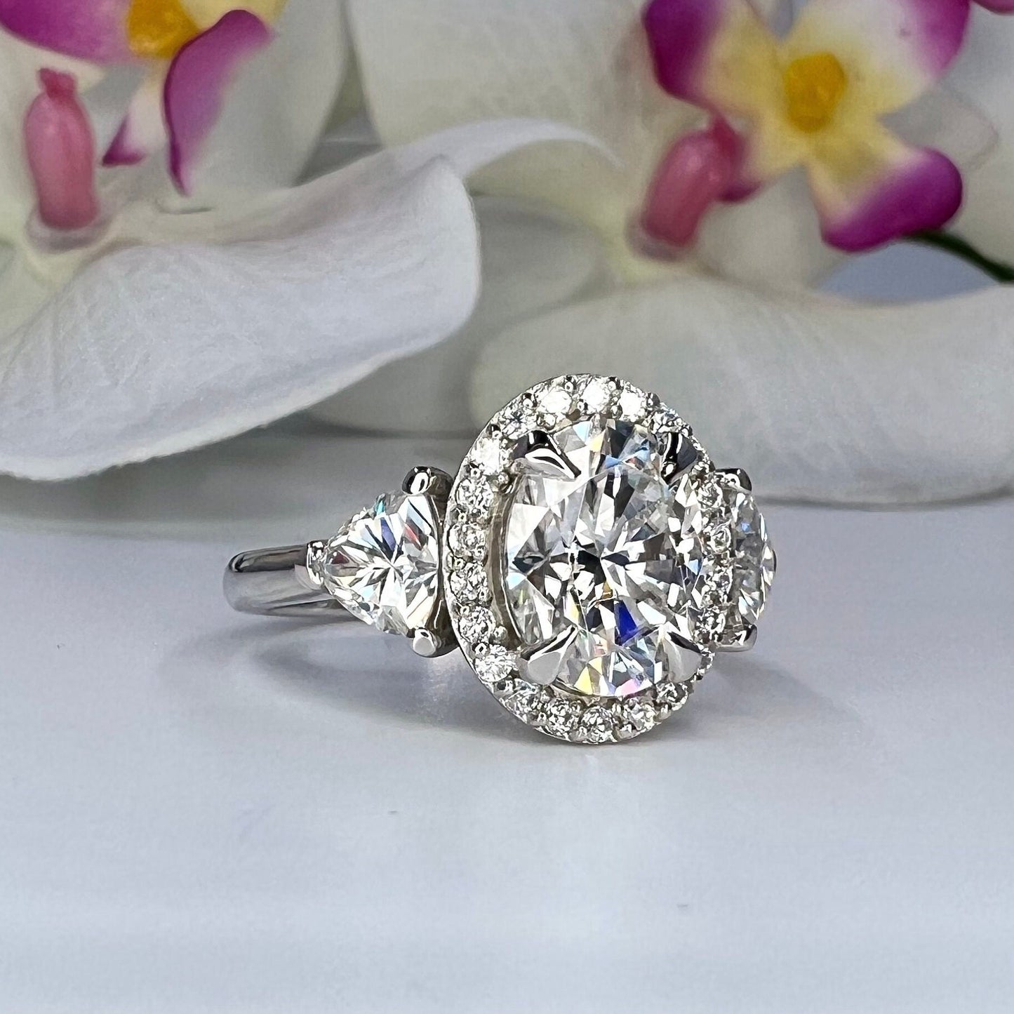 Oval Moissanite Engagement Ring 14K White Gold, Three Stone Oval Moissanite Engagement Ring, Halo Oval Wedding Ring For Ladies, #6916 #6917