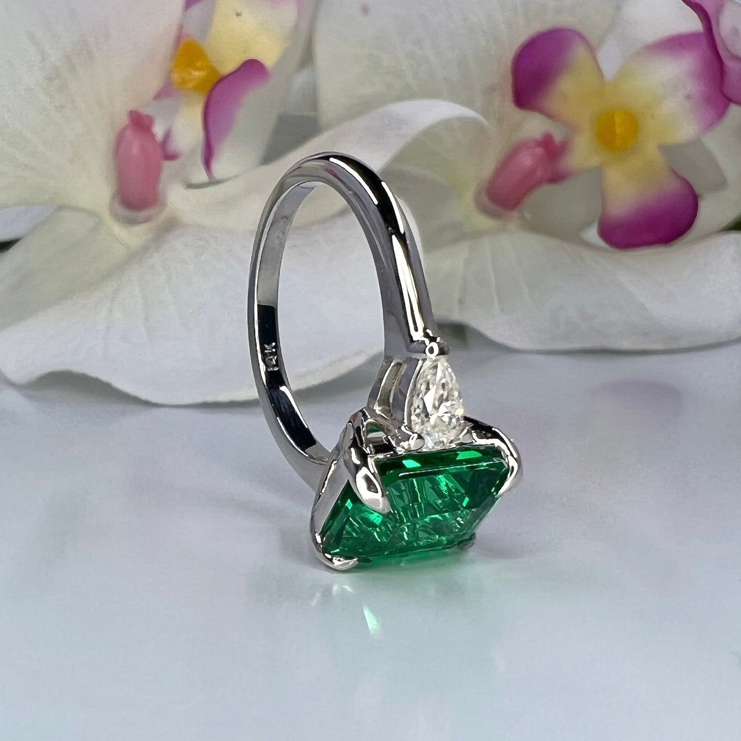 Emerald Cut Engagement Ring, Emerald Cut Emerald And Pear Moissanite Ring 14K Yellow Gold Ring,  #6718