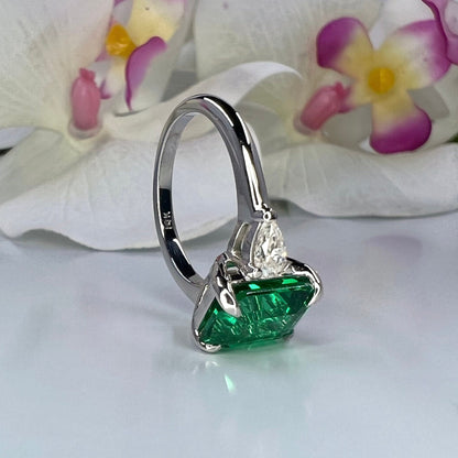 Emerald Cut Engagement Ring, Emerald Cut Emerald And Pear Moissanite Ring 14K Yellow Gold Ring,  #6718