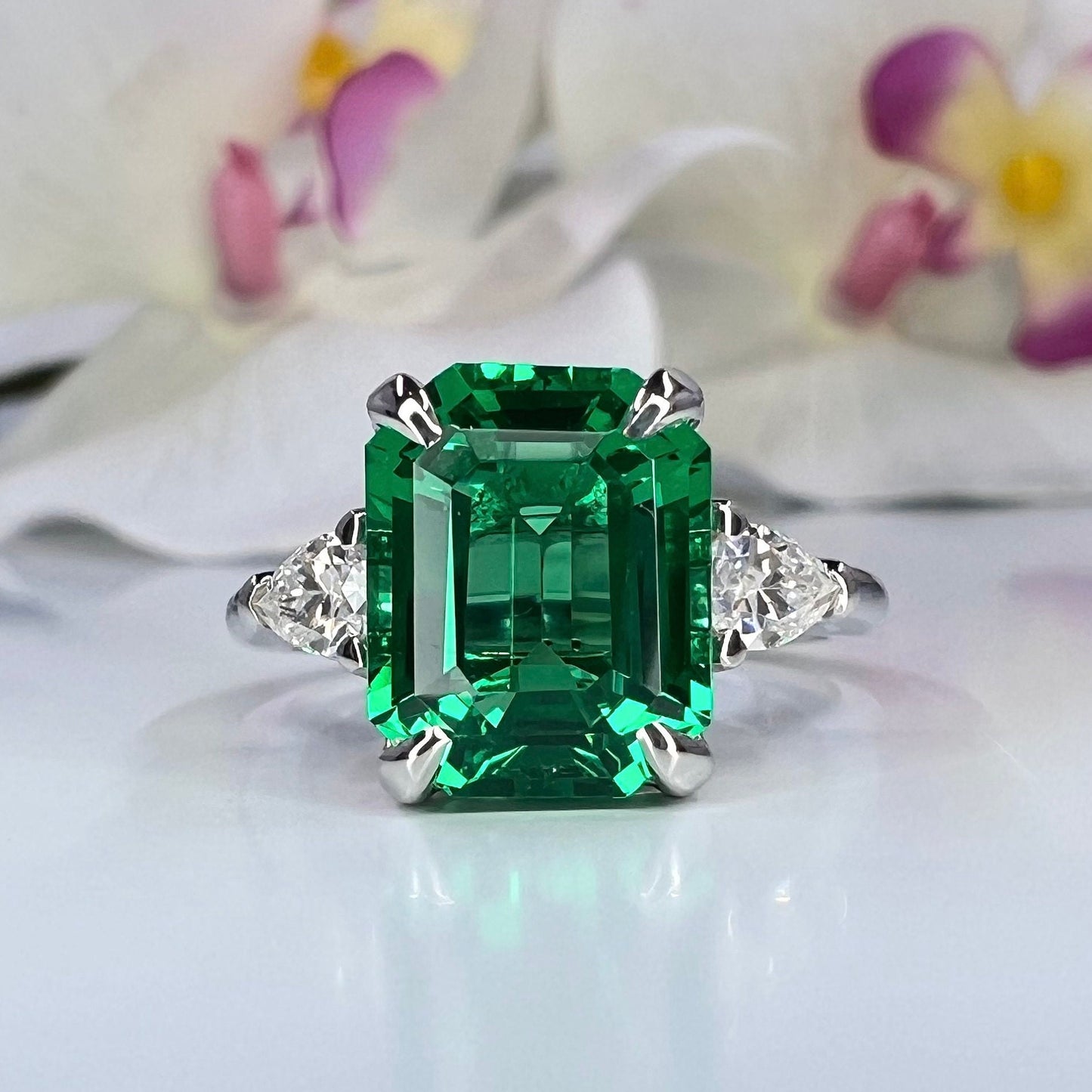 Emerald Cut Engagement Ring, Emerald Cut Emerald And Pear Moissanite Ring 14K Yellow Gold Ring,  #6718