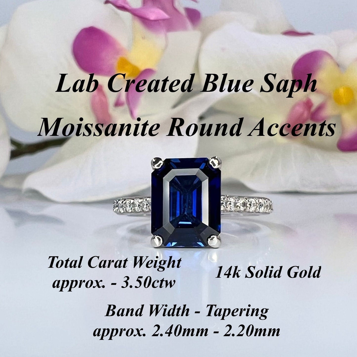Emerald Cut Blue Sapphire Engagement Ring 14K White Gold,  September Birthstone Ring For Ladies,  Blue Sapphire and Moissanite Ring,   #6373
