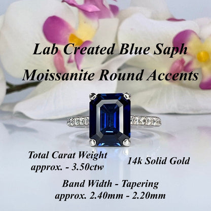 Emerald Cut Blue Sapphire Engagement Ring 14K White Gold,  September Birthstone Ring For Ladies,  Blue Sapphire and Moissanite Ring,   #6373