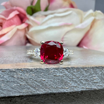 Cushion Cut Ruby With Moissanite Engagement Ring 14K Yellow Gold, Three Stone Cushion Shaped Ruby Engagement Ring, July Birthstone Ring 7489