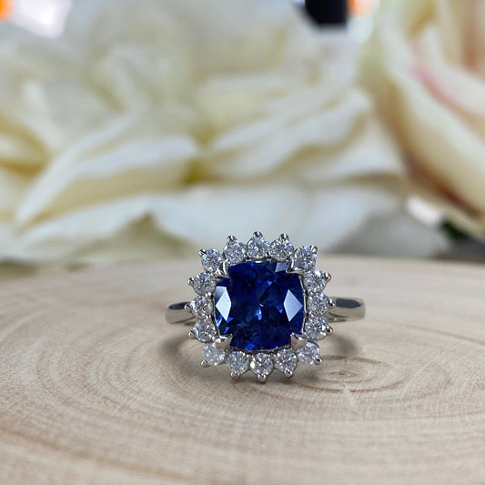 Blue Sapphire Cushion Cut And Diamond Halo Engagement Ring, 14k White Gold Blue Sapphire And Moissanite Halo Ladies Wedding Ring