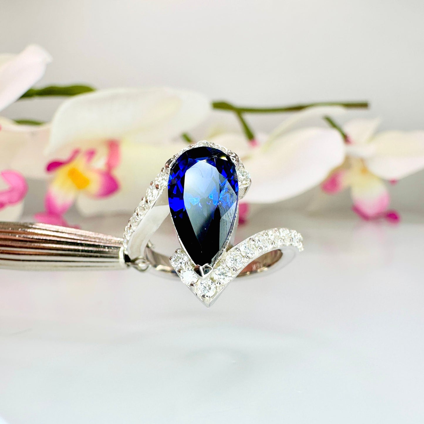 Pear blue sapphire engagement ring 14k solid gold, Unique September birthstone anniversary ring, something blue bridal jewelry handmade,
