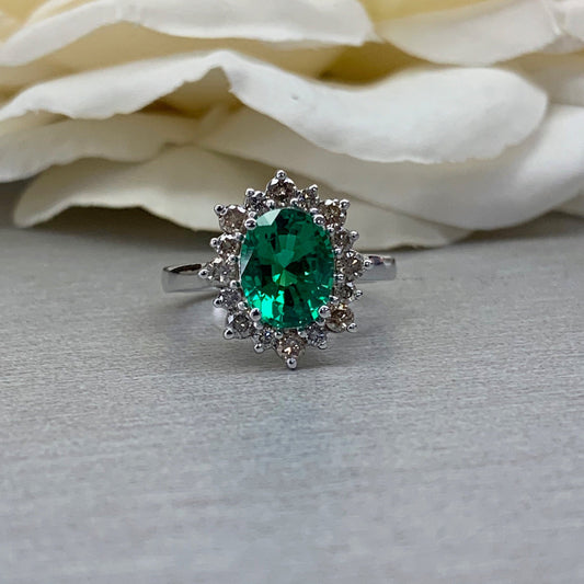 Emerald Halo Ring 14k White Gold, Vintage Emerald Engagement Ring, Oval Halo Ring With Emerald, May Birthstone Ring, Emerald Jewelry  #6719