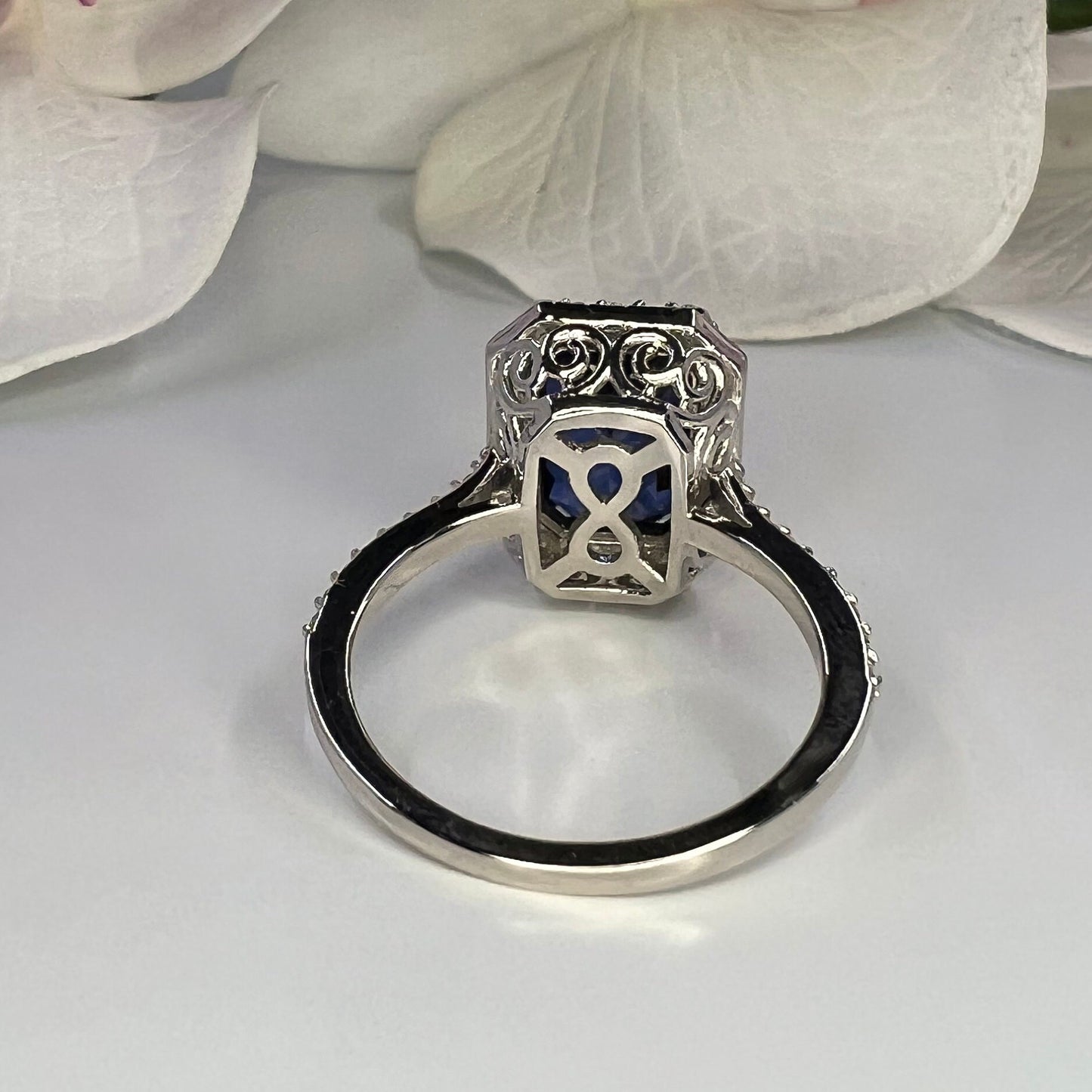Elongated emerald cut rich blue sapphire, diamond halo, engagement ring 5.00ctw, 14k white gold #6058 #6804