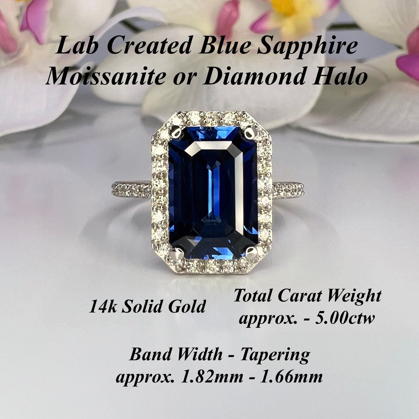 Elongated emerald cut rich blue sapphire, diamond halo, engagement ring 5.00ctw, 14k white gold #6058 #6804