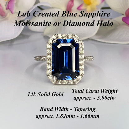 Elongated emerald cut rich blue sapphire, diamond halo, engagement ring 5.00ctw, 14k white gold #6058 #6804