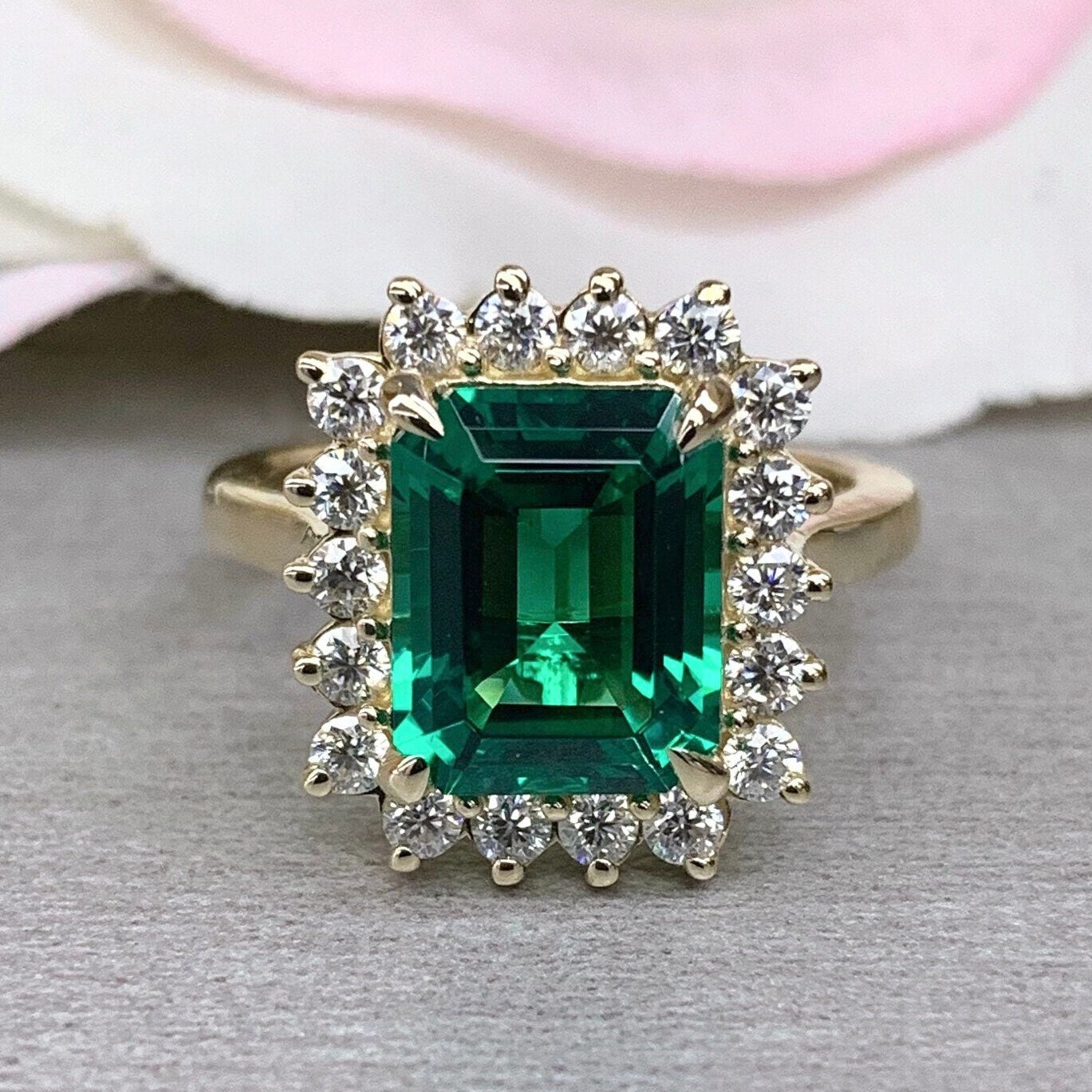 Emerald Cut  Engagement Ring  / Moissanite Halo Engagement Ring / 14k Yellow Gold / Emerald Ring