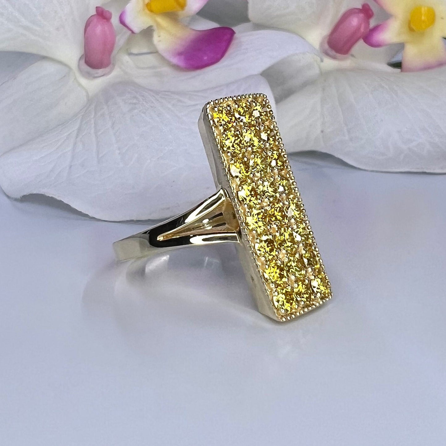 Cluster Bar  Lab Grown Diamond Ring 14K Yellow Gold, Yellow Lab Grown Diamond Engagement Rings, Unique Yellow Diamond Cocktail Rings