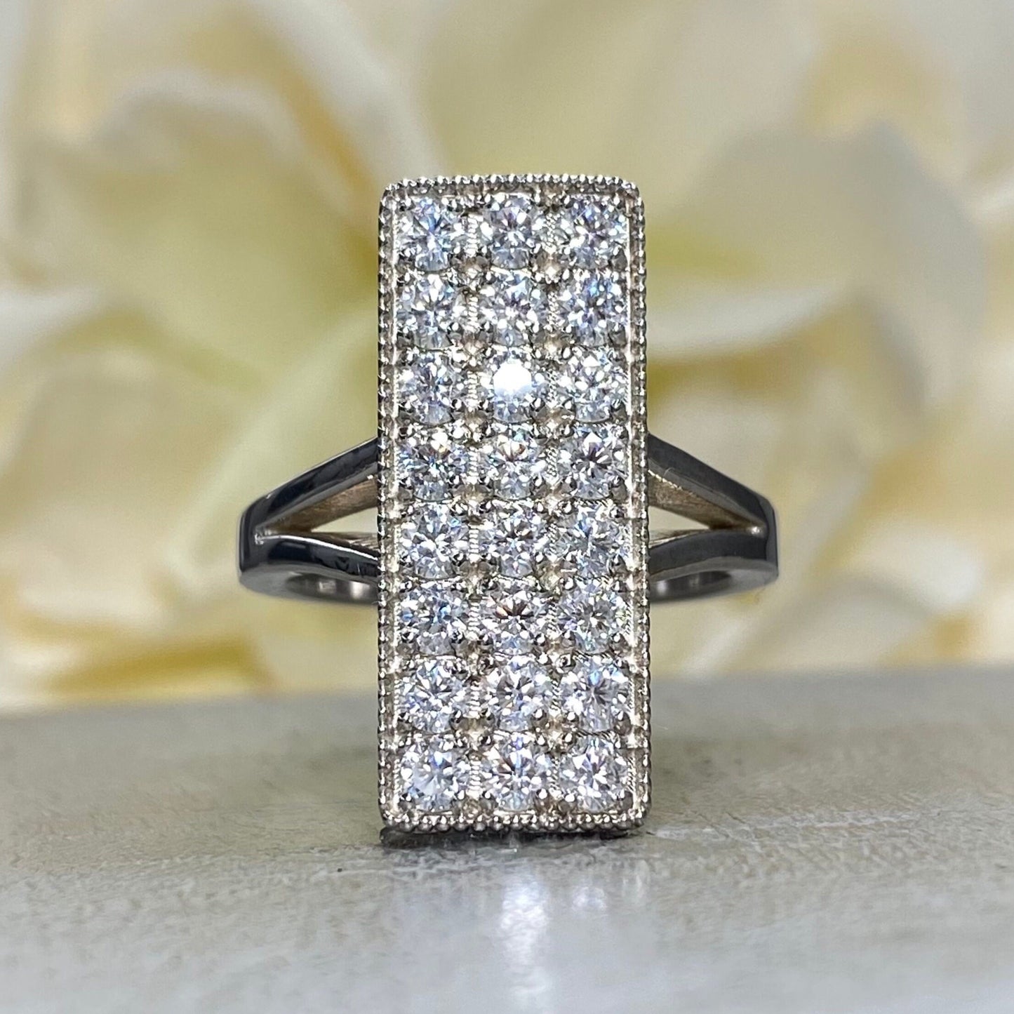 Moissanite Ring 14K White Gold, Moissanite Diamond Cluster Ring For Ladies, Unique Bar Ring Moissanite Diamond Engagement Ring 7229