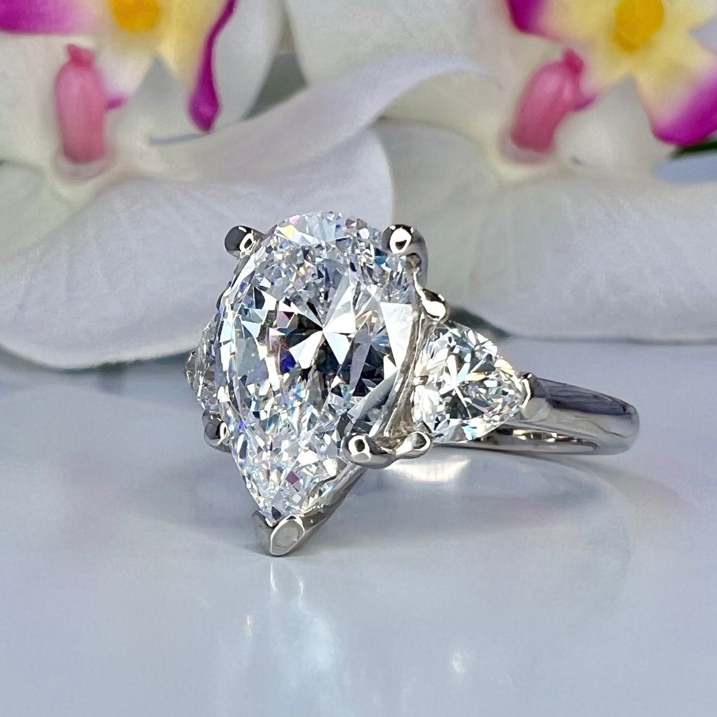 Pear shaped moissanite engagement ring 14k solid gold, Three stone moissanite wedding ring, teardrop moissanite ring, gift for her,  #7975