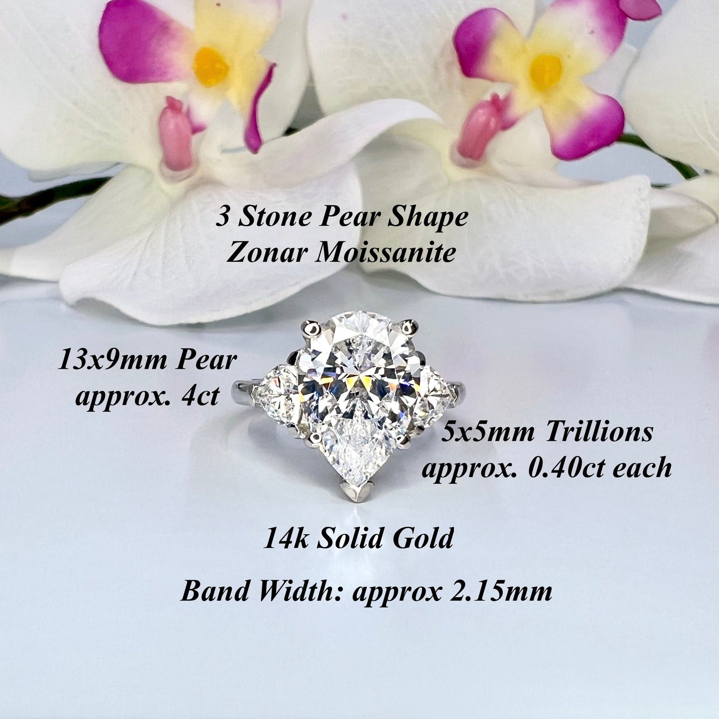 Pear shaped moissanite engagement ring 14k solid gold, Three stone moissanite wedding ring, teardrop moissanite ring, gift for her,  #7975
