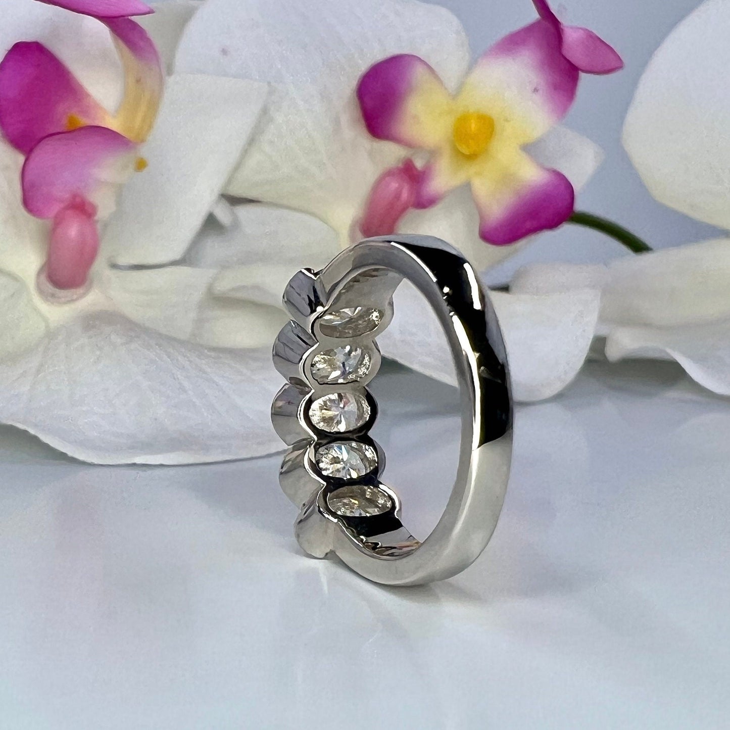 Moissanite wedding band 14K solid gold, Oval Moissanite stacking band, Bezel set moissanite band, Half eternity ladies wedding band,  #7981
