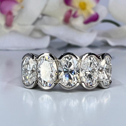 Moissanite wedding band 14K solid gold, Oval Moissanite stacking band, Bezel set moissanite band, Half eternity ladies wedding band,  #7981