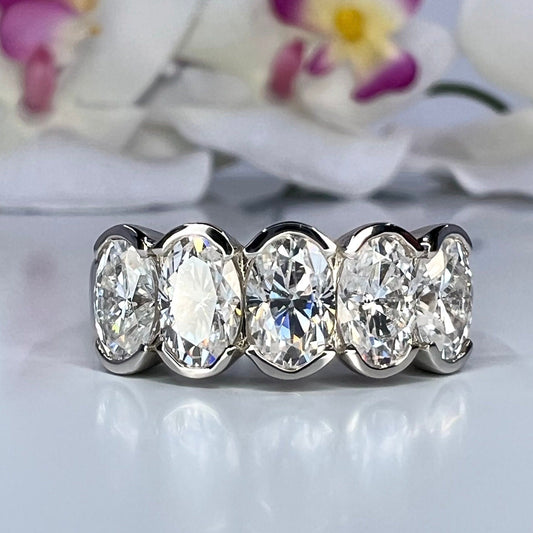 Moissanite wedding band 14K solid gold, Oval Moissanite stacking band, Bezel set moissanite band, Half eternity ladies wedding band,  #7981