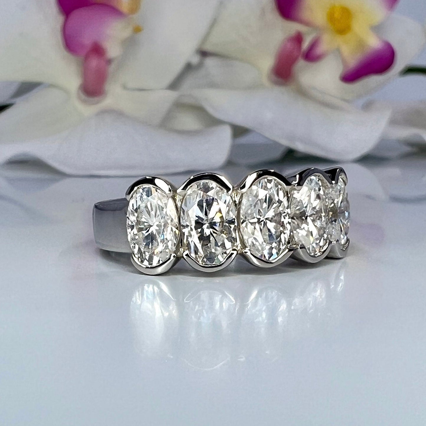 Moissanite wedding band 14K solid gold, Oval Moissanite stacking band, Bezel set moissanite band, Half eternity ladies wedding band,  #7981