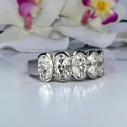 Moissanite wedding band 14K solid gold, Oval Moissanite stacking band, Bezel set moissanite band, Half eternity ladies wedding band,  #7981