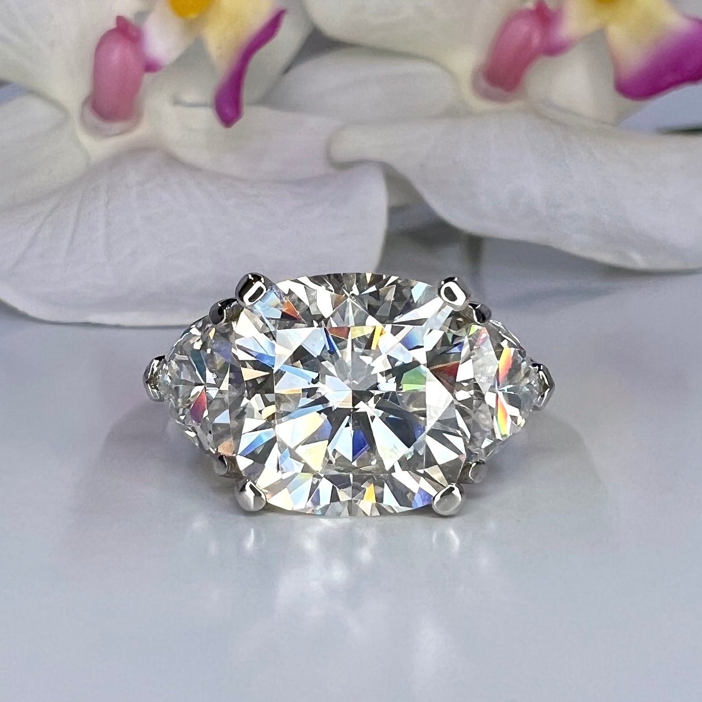 Cushion Cut Moissanite Engagement Ring, Large Three Stone Ring, Moissanite Wedding Ring, 14k Gold Ladies Ring, Anniversary Gift, #7316