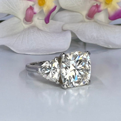Cushion Cut Moissanite Engagement Ring, Large Three Stone Ring, Moissanite Wedding Ring, 14k Gold Ladies Ring, Anniversary Gift, #7316