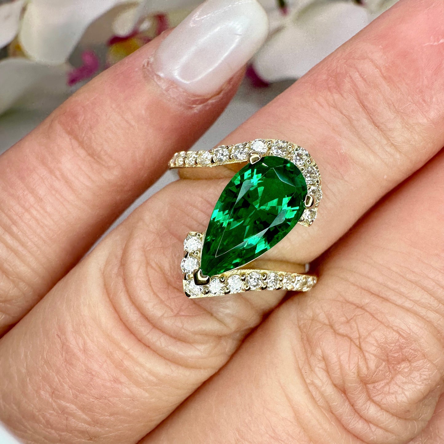 Green Emerald pear cut engagement ring 14k solid gold, Unique September birthstone anniversary ring, something blue bridal jewelry handmade,