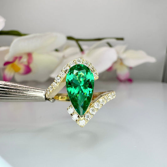 Green Emerald pear cut engagement ring 14k solid gold, Unique September birthstone anniversary ring, something blue bridal jewelry handmade,