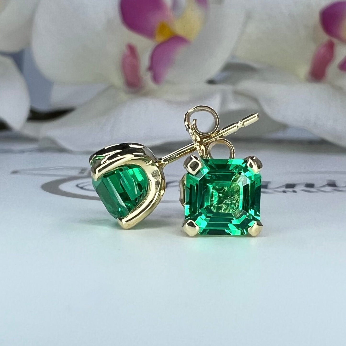 Asscher cut emerald earrings 14K solid gold , Everyday emerald earrings May birthstone earrings