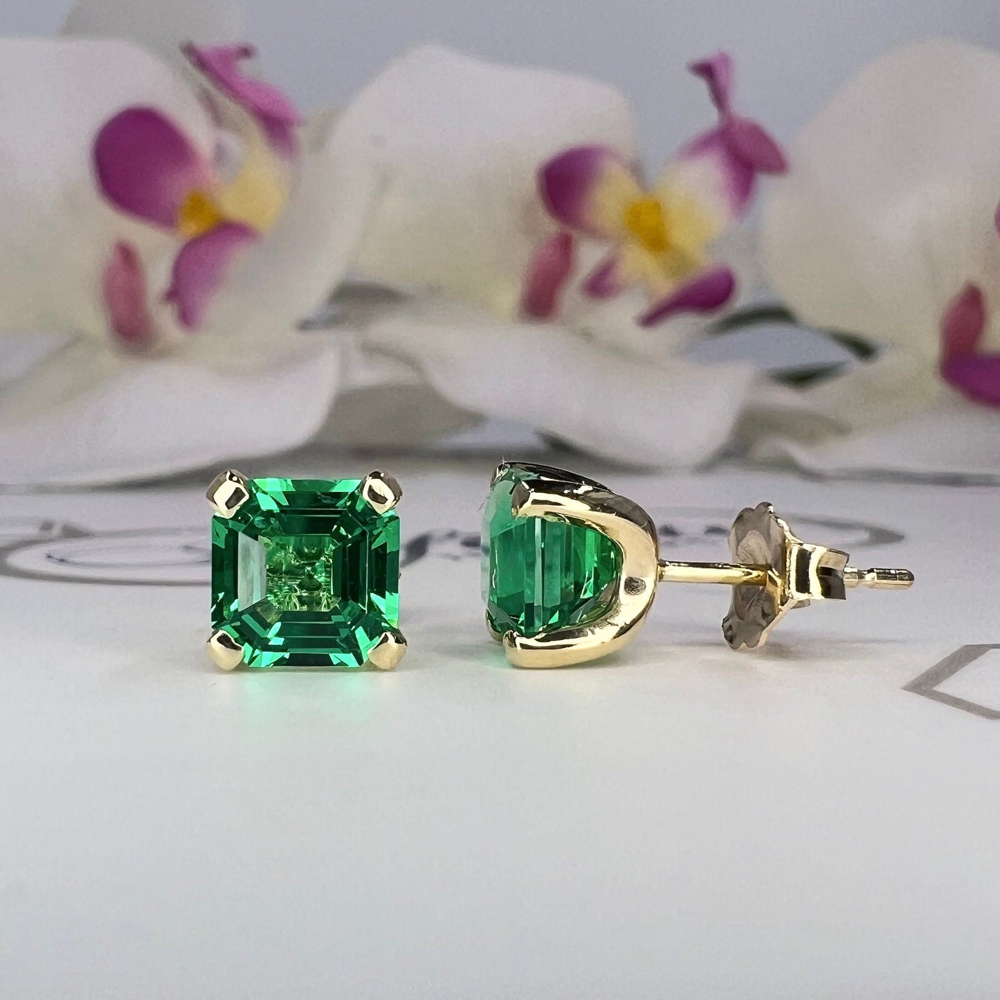 Asscher cut emerald earrings 14K solid gold , Everyday emerald earrings May birthstone earrings