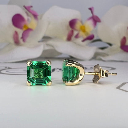 Asscher cut emerald earrings 14K solid gold , Everyday emerald earrings May birthstone earrings