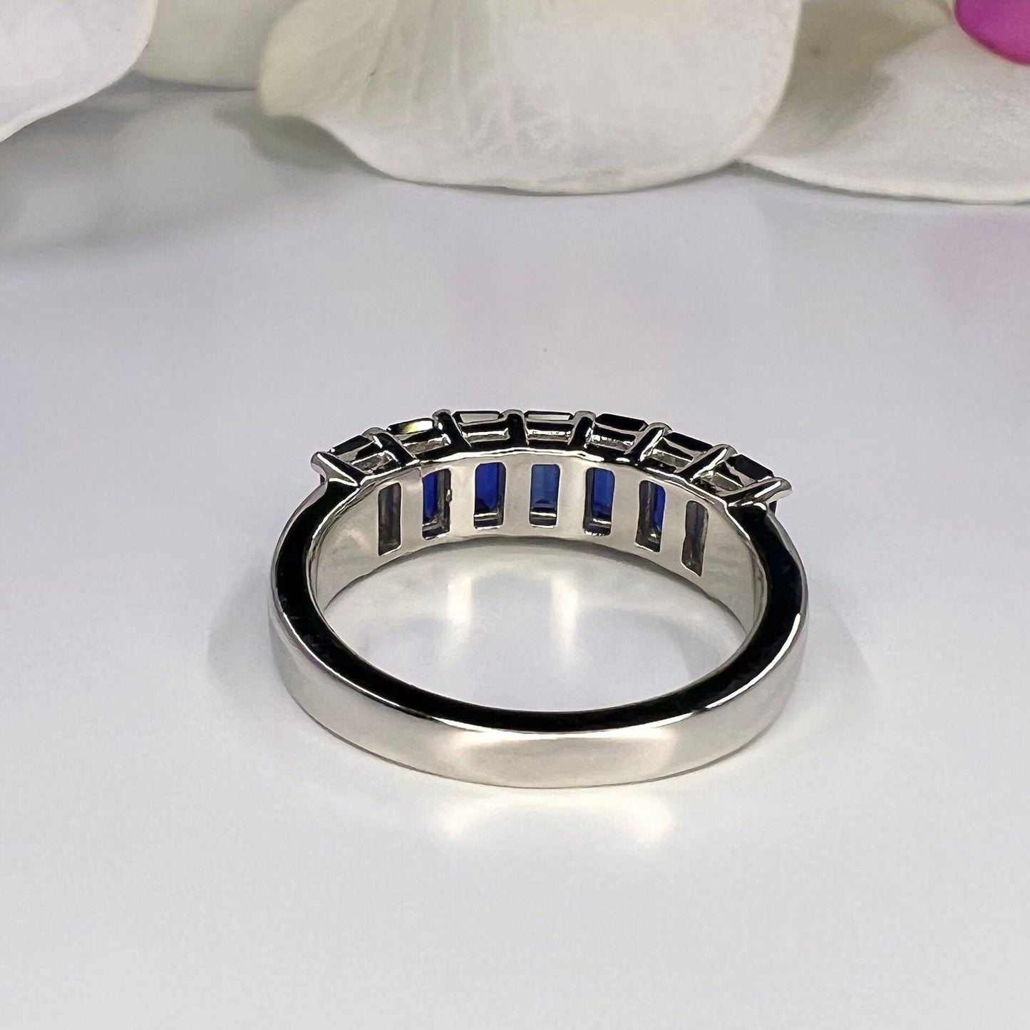 Blue sapphire ring, Seven stone blue sapphire wedding band, deep blue sapphire ring, emerald cut sapphire, September birthstone ring