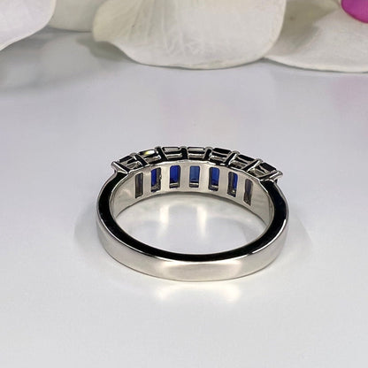 Blue sapphire ring, Seven stone blue sapphire wedding band, deep blue sapphire ring, emerald cut sapphire, September birthstone ring
