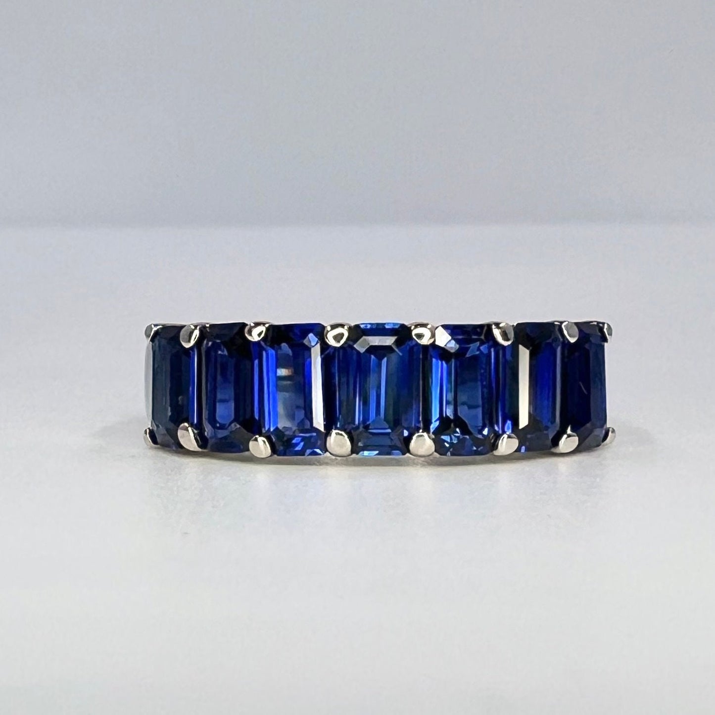 Blue sapphire ring, Seven stone blue sapphire wedding band, deep blue sapphire ring, emerald cut sapphire, September birthstone ring