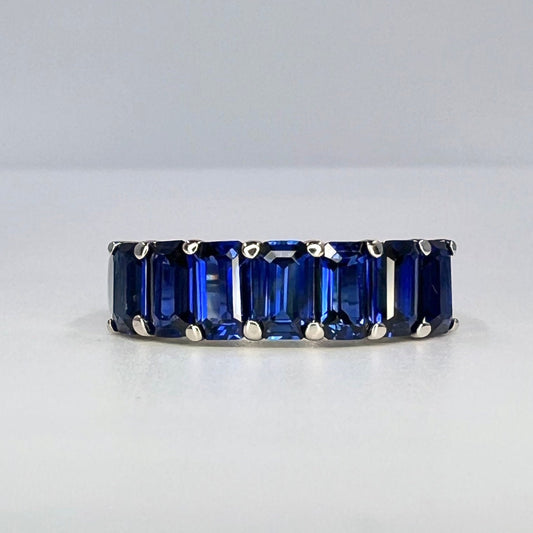 Blue sapphire ring, Seven stone blue sapphire wedding band, deep blue sapphire ring, emerald cut sapphire, September birthstone ring