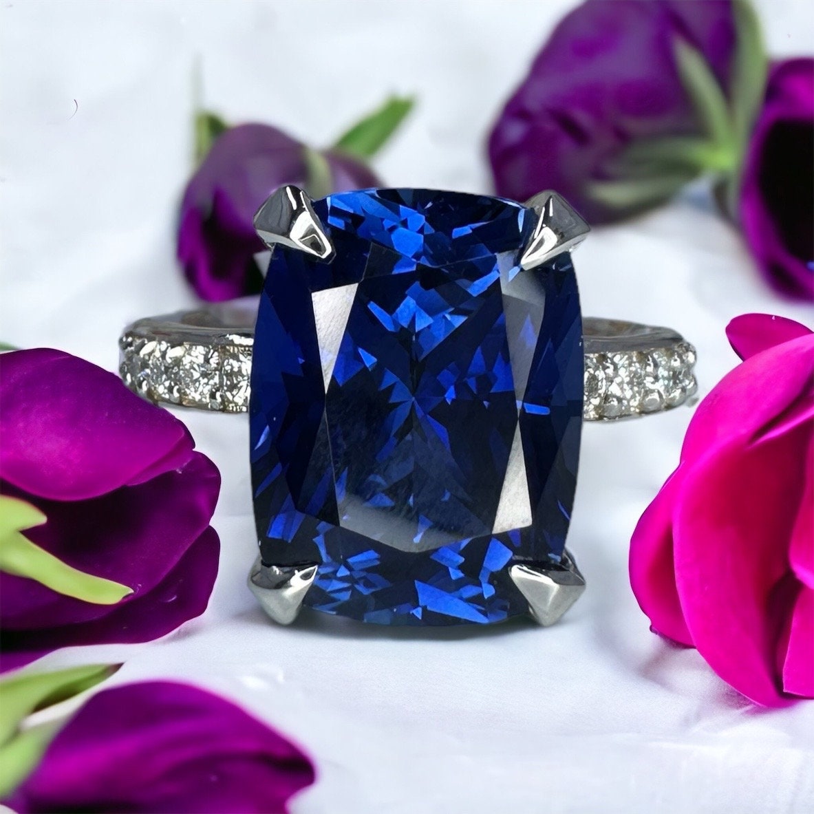 Blue Sapphire Engagement Ring 14K Gold, Elongated Cushion Cut Sapphire Wedding Ring September Birthstone Ring for Women Unique Handmade Ring