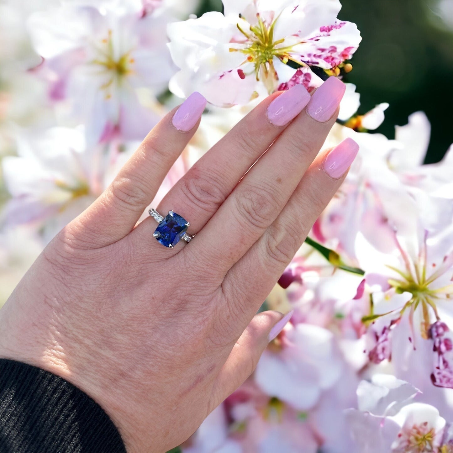 Blue Sapphire Engagement Ring 14K Gold, Elongated Cushion Cut Sapphire Wedding Ring September Birthstone Ring for Women Unique Handmade Ring