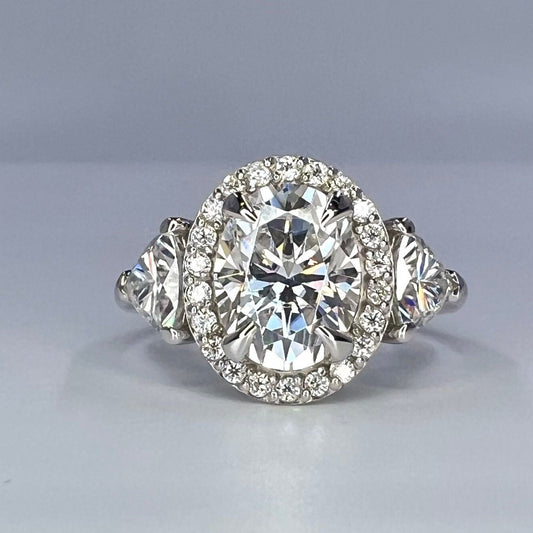 Oval Moissanite Engagement Ring 14K White Gold, Three Stone Oval Moissanite Engagement Ring, Halo Oval Wedding Ring For Ladies, #6916 #6917