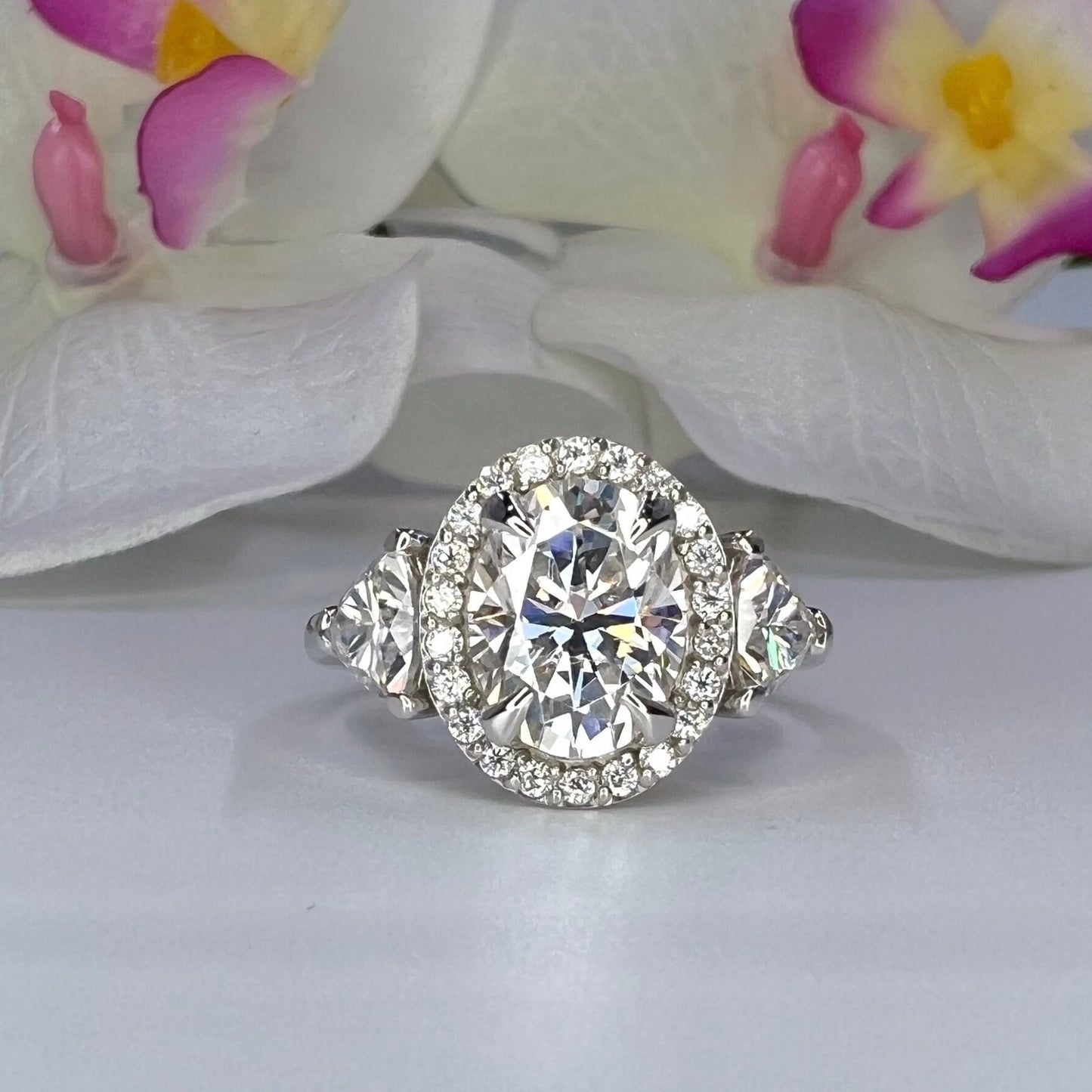 Oval Moissanite Engagement Ring 14K White Gold, Three Stone Oval Moissanite Engagement Ring, Halo Oval Wedding Ring For Ladies, #6916 #6917